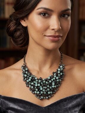 Vintage Aqua Mint Rhinestone Cluster Choker Necklace Gothic Glam Edgy Chunky